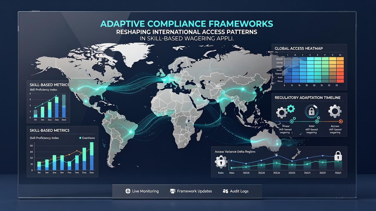 Dashboard interface displaying real-time compliance metrics for skill-based wagering applications across different regions
