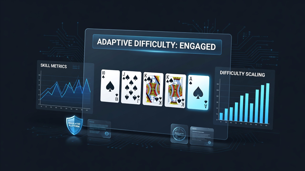 Illustration of adaptive difficulty scaling mechanics in skill-based video poker games on digital platforms