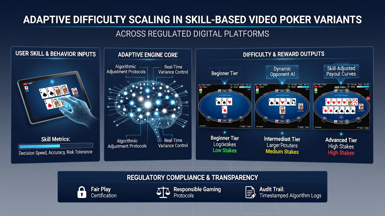 Screenshot showing real-time difficulty adjustment interface in a regulated video poker application