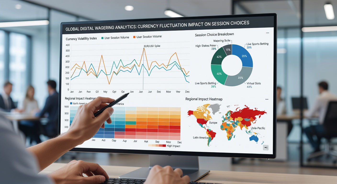 Analytics dashboard displaying currency fluctuation impacts on wagering session metrics and player behavior trends