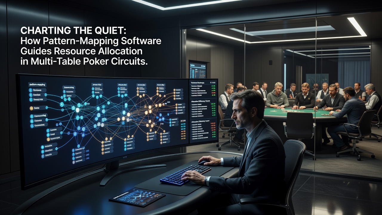 Pattern-mapping software interface displaying multi-table poker circuit analytics and resource allocation charts