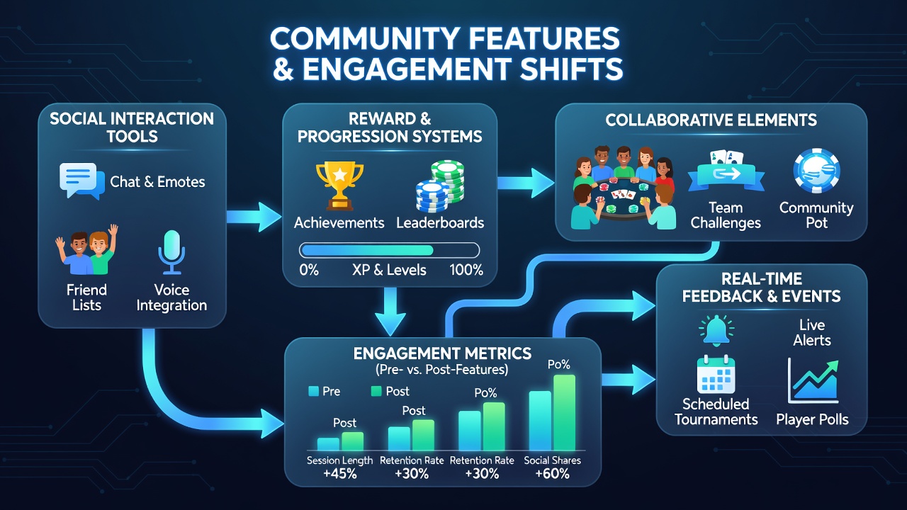 Group of virtual poker players celebrating a tournament win with on-screen community notifications and shared leaderboard updates