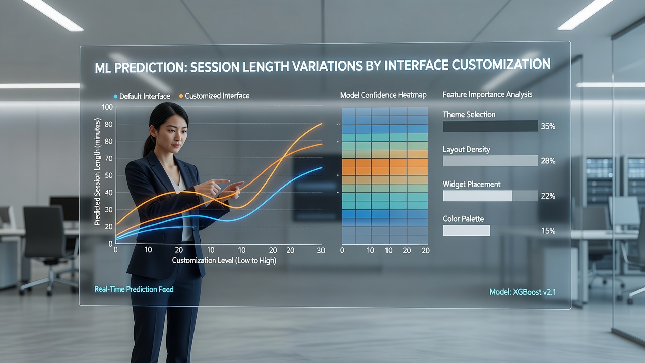 Analytics dashboard displaying machine learning predictions for session lengths alongside interface customization metrics in a digital gaming setup