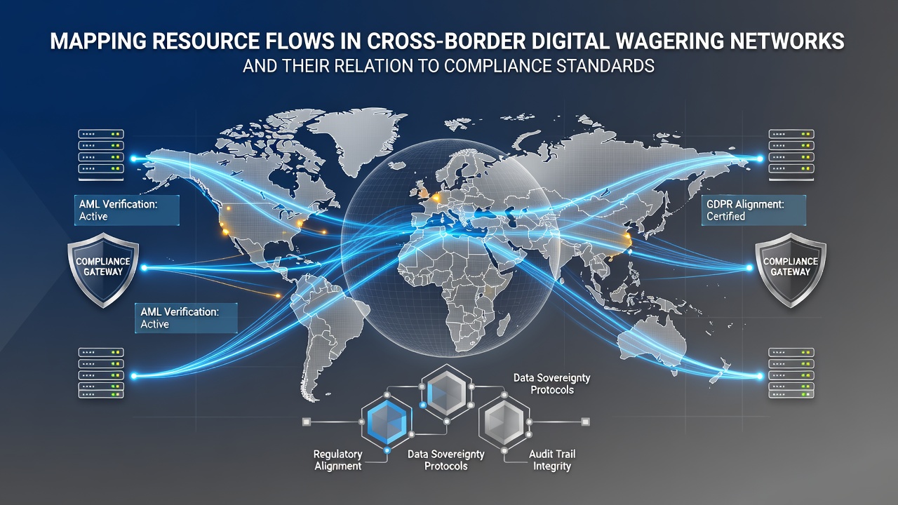 Network diagram showing cross-border digital wagering resource flows between multiple jurisdictions with compliance checkpoints highlighted