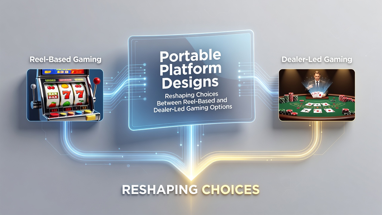 Portable gaming devices displaying reel-based slots alongside live dealer interfaces on a single platform