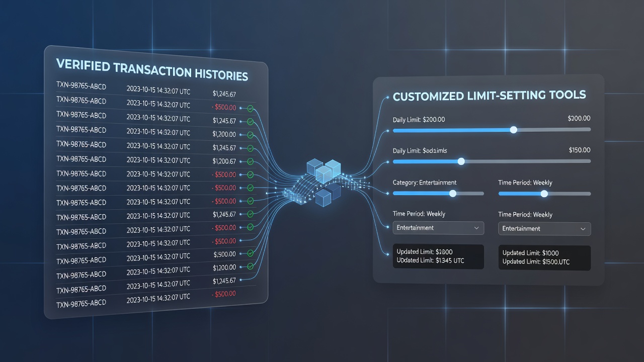 Split-screen view of transaction history dashboard on the left and adjustable limit sliders on the right within a virtual card room interface