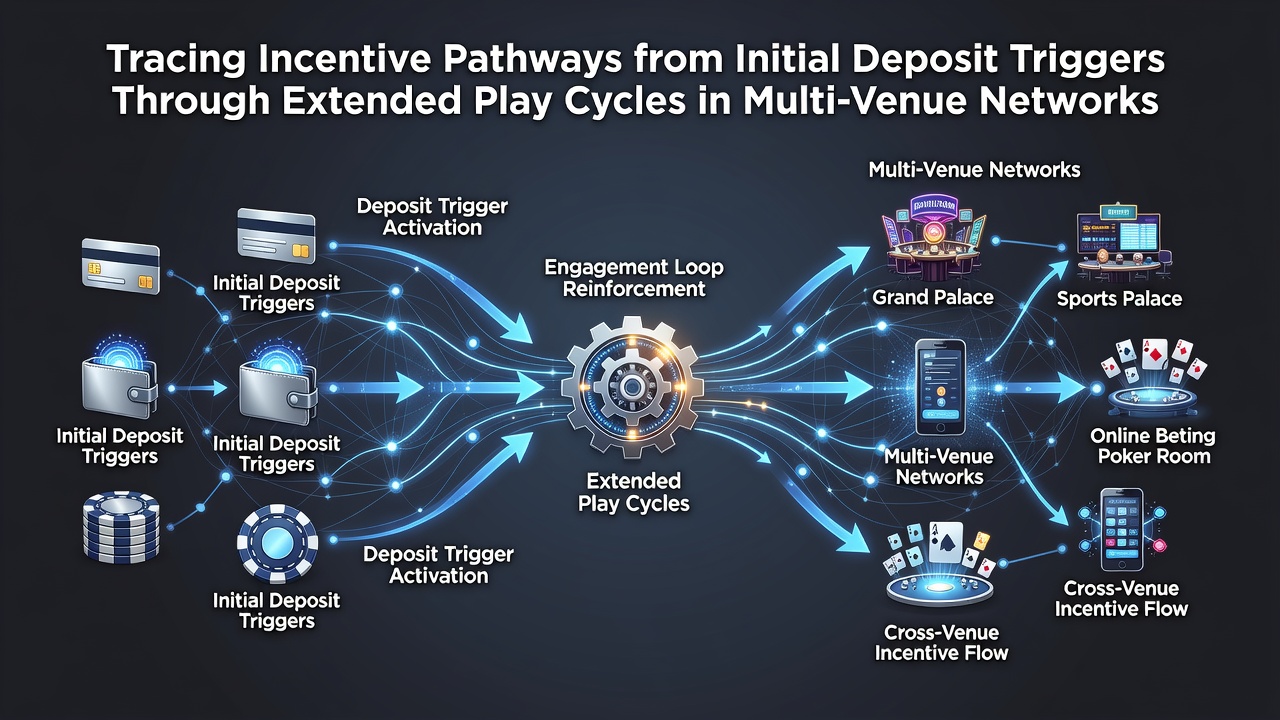 Diagram showing deposit triggers flowing into multi-venue incentive networks with arrows connecting play cycles across platforms