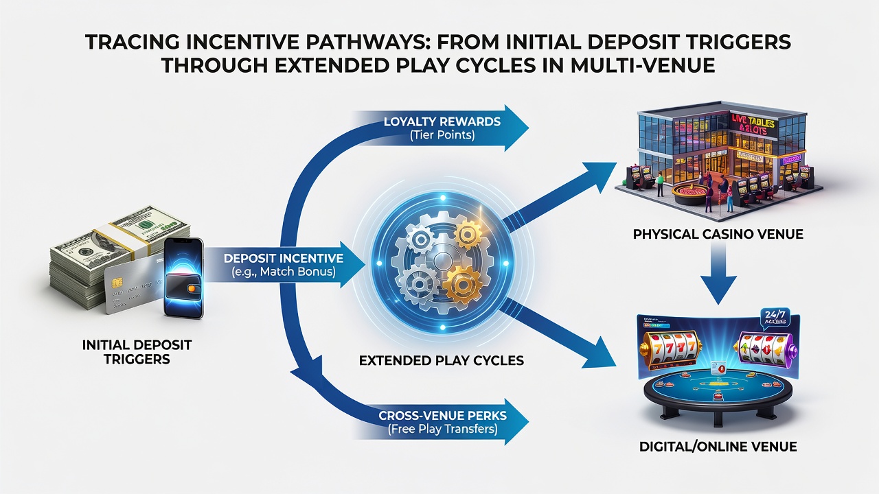 Flowchart of extended play cycles showing how incentives progress through deposit triggers into long-term multi-venue engagement patterns