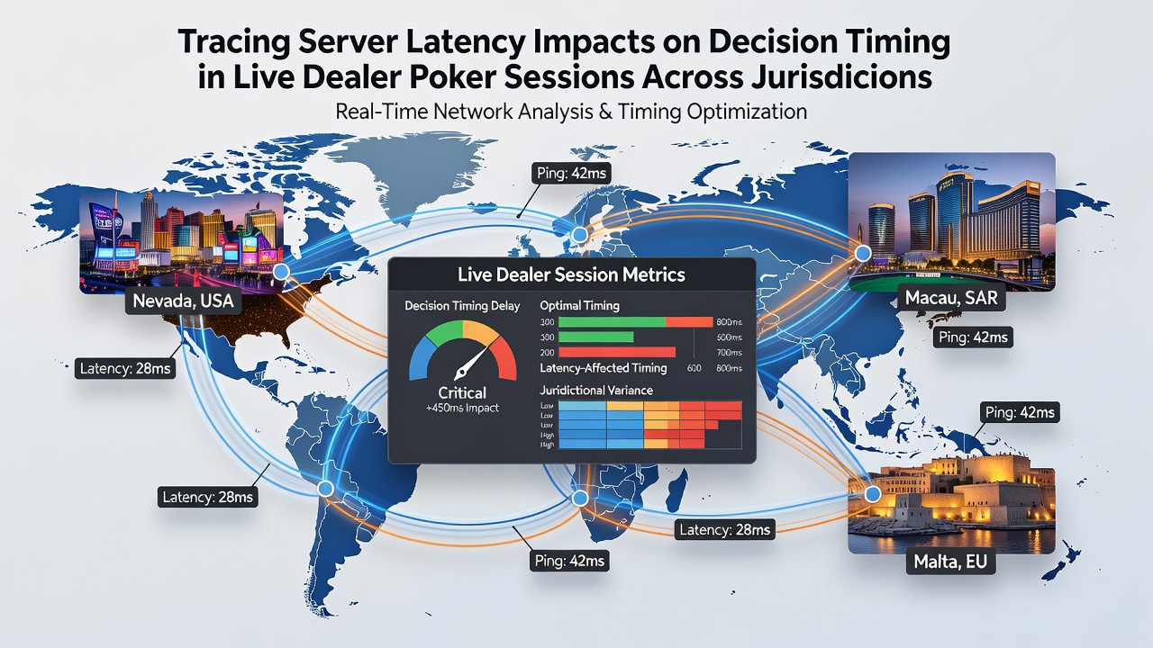 Live dealer poker table interface with overlaid timing metrics and jurisdiction-specific compliance indicators