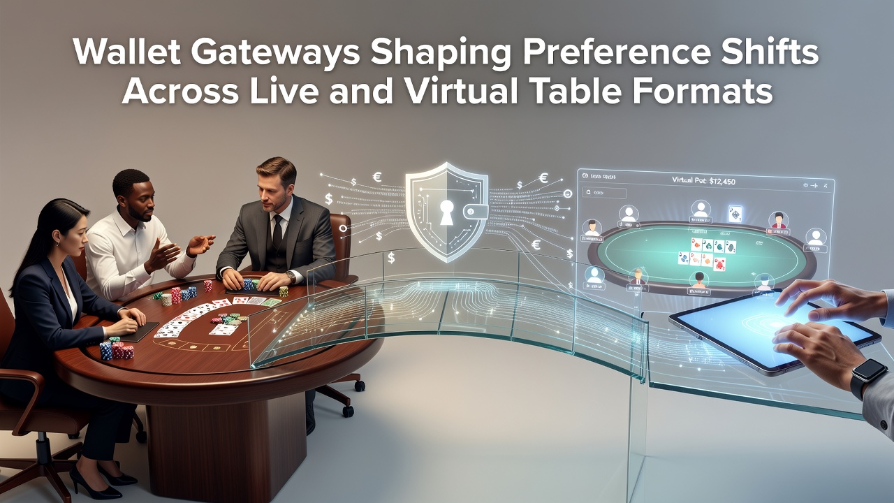 Digital wallet integration at live and virtual casino tables showing payment flows between formats