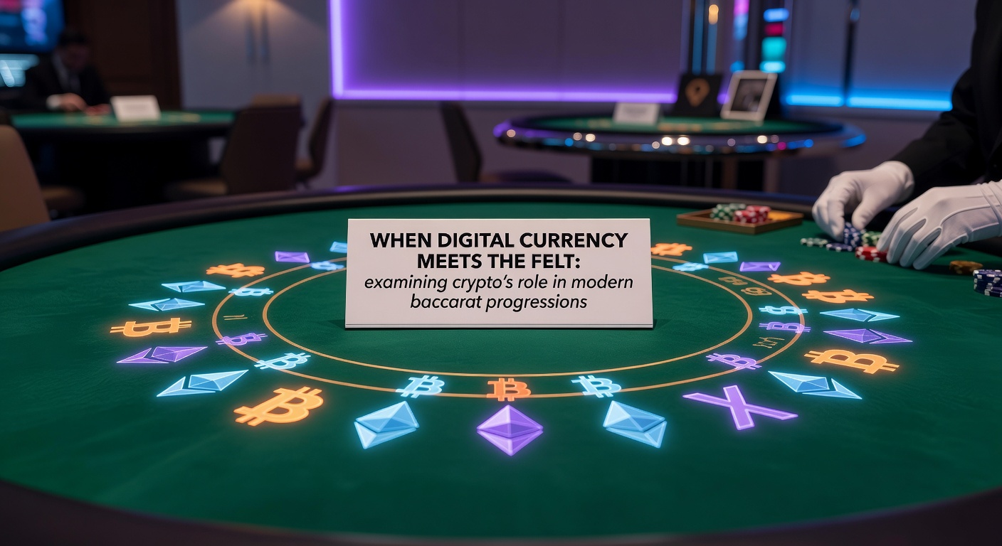 Baccarat table integrated with cryptocurrency symbols and blockchain elements